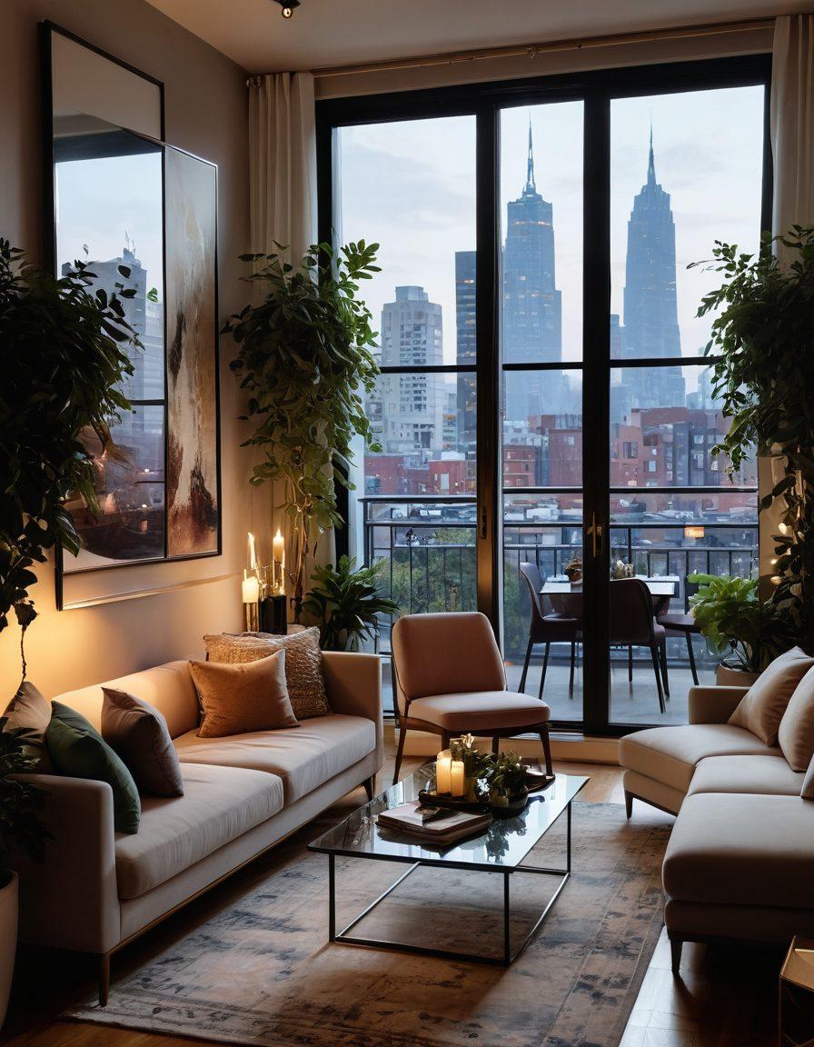 A beautifully designed stylish apartment interior, featuring plush furniture, elegant decor, and city views through large windows. Romantic ambiance with soft lighting, candles, and stylish greenery like potted plants. A cozy nook with a couple enjoying a glass of wine, surrounded by modern artwork and luxury textiles. Capture a sense of elegance and urban romance. super-realistic. vibrant colors. warm lighting.