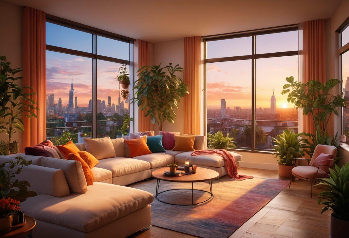 A beautifully designed modern apartment interior, featuring a cozy living space with soft lighting, plush seating, and tasteful decor, where a couple enjoys a romantic dinner; large windows showcasing a vibrant cityscape at sunset, lush plants adding warmth and life, and a sense of community with neighbors mingling in the background. super-realistic. vibrant colors. cozy atmosphere.