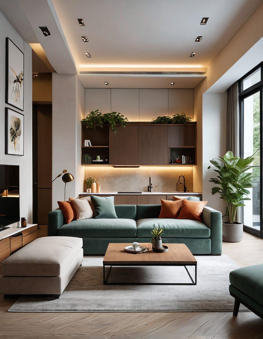 A modern, elegant apartment interior showcasing sophisticated design with soft lighting, featuring an open layout that emphasizes connection. Include stylish furniture, warm colors, and greenery for a touch of nature. Showcase a cozy living space with large windows allowing natural light to flood in. Capture the allure of contemporary housing through subtle details and a welcoming ambiance. super-realistic. vibrant colors. minimalist style.